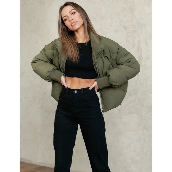 Women's Puffer Jacket Oversized Cropped Puffy Quilted Jackets Coat Olive - Picture 3 of 7